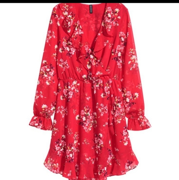 H&M Divided Red Floral Wrap Dress Sz Small - Picture 2 of 6